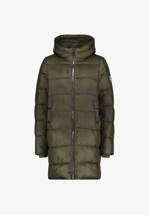 Olivgrüne Steppjacke mit Reißverschluss, Kapuze und plüschigem, gestepptem Design. Verfügt über Seitentaschen mit Druckknopfverschluss und Logo am Ärmel.