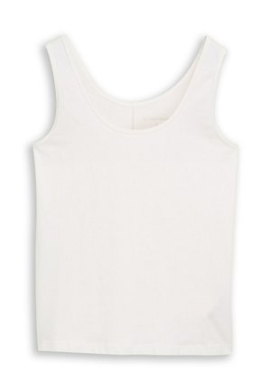 Valgete laiade õlapaelte ja sügava ümarkaelusega ilma varrukateta valge topp, tasapinnal valgel taustal laotatud.