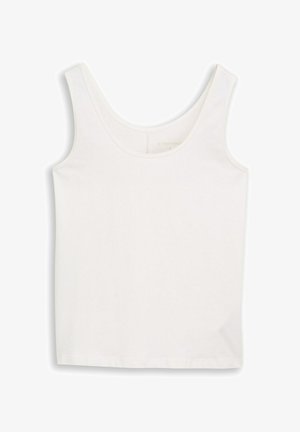 Valgete laiade õlapaelte ja sügava ümarkaelusega ilma varrukateta valge topp, tasapinnal valgel taustal laotatud.