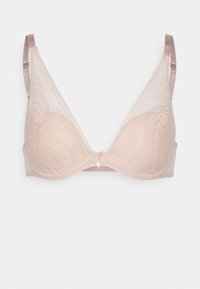 Spitzen-Dreiecksbügel-BH in zartem Rosé mit transparenten seitlichen Einsätzen und zarten floralem Muster. Kurze satinierte Träger mit einem subtilen Schleifen-Detail in der Mitte.