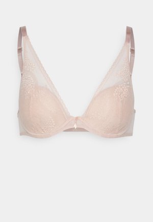 Lace triangle-rintaliivi pehmeässä vaaleanpunaisessa sävyssä, jossa on läpikuultavat sivupaneelit ja herkkiä kukkakuoseja. Lyhyet satiinivetimet, joissa on hienovarainen kauluskukitus keskellä.