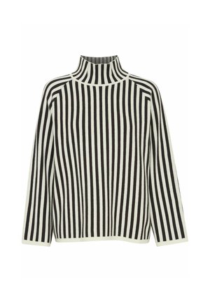 Pull à col roulé rayé noir et blanc avec un col ajusté, des manches longues et une coupe décontractée. Fabriqué en tissu tricoté doux et texturé.
