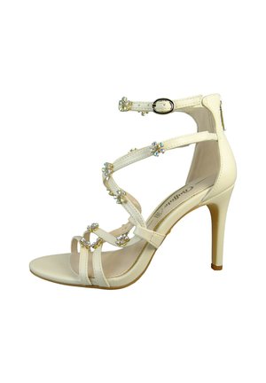 White high-heeled sandal with strappy design, embellished with small rhinestones, featuring an ankle buckle closure and a smooth textured sole.