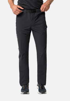 Pantaloni da esterno neri con cintura, caratterizzati da molteplici tasche e un design leggero. Texture liscia con una finitura leggermente opaca.
