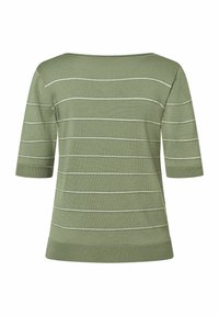 Kurzärmeliger, grüner Strickpullover mit horizontalen weißen Streifen, der einen weiten Ausschnitt und gerippte Säume und Bündchen aufweist. Strukturiertes Gewebe.