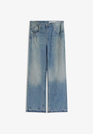 Jasnoniebieskie dżinsy o szerokich nogawkach z przetartym wykończeniem, z dwoma przednimi kieszeniami, zapięciem na guziki oraz prostym krojem z czystymi brzegami.