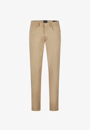 Chinos beiges avec une coupe ajustée, fabriqués en tissu mélangé de coton. Comprend cinq poches, une fermeture à bouton à l'avant et des détails de couture subtils.