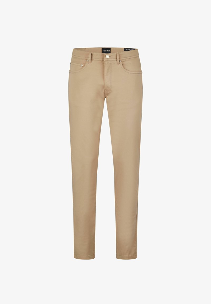 Beige Chinos mit schlanker Passform, hergestellt aus einem Baumwollmischgewebe. Verfügt über fünf Taschen, einen Frontknopfverschluss und dezente Stickdetails.