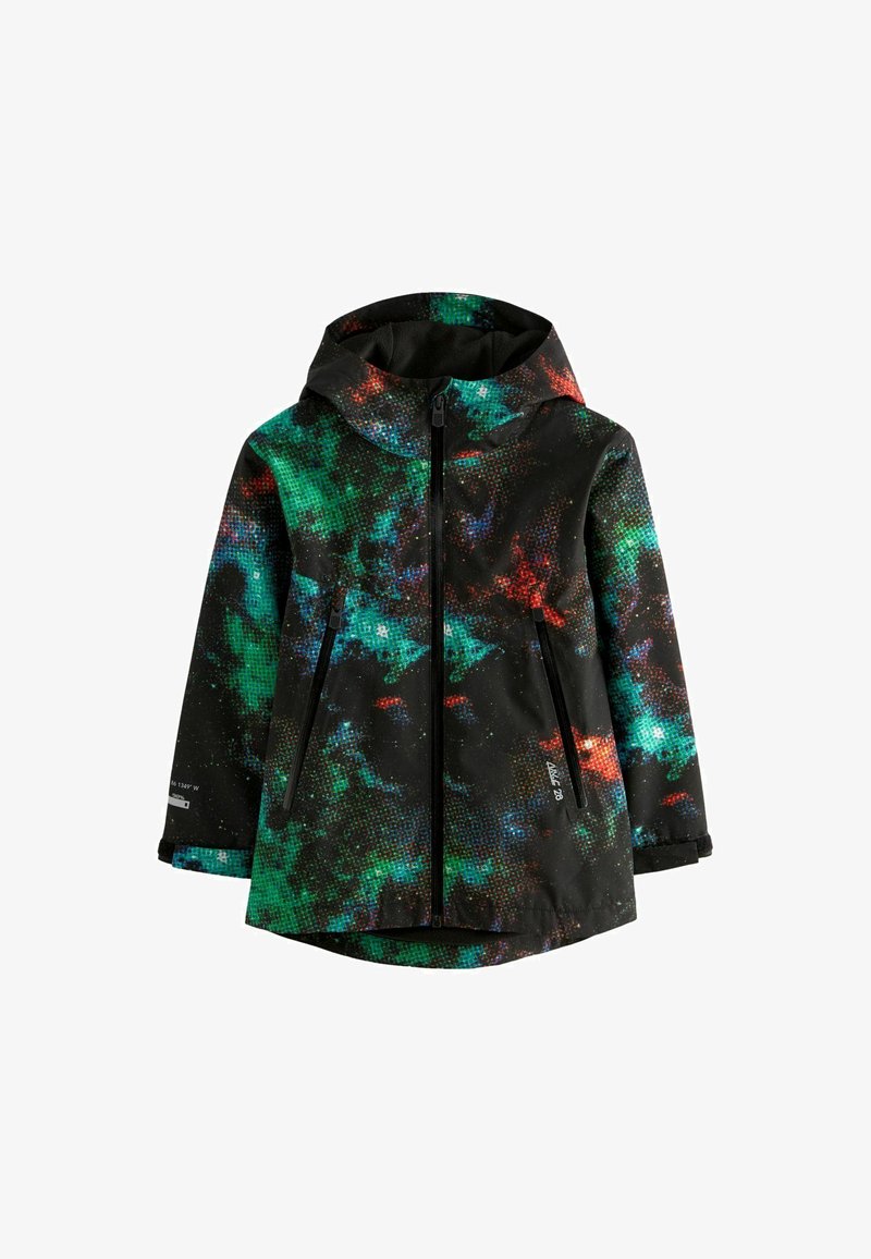 Black jacket with multicolored green, red, and blue galaxy pattern. Features a hood, two zippered pockets, and a zippered front.