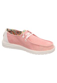 Scarpa in tela rosa con suola in gomma bianca, punta arrotondata e design con lacci. Rivestimento interno a motivi colorati. Design minimalista.