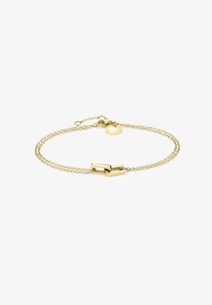 Braccialetto d'oro con design a doppia catena e due maglie rettangolari come pezzo centrale, texture liscia e chiusura a moschettone.