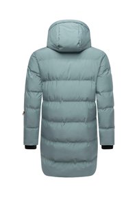 Ilga šviesiai mėlyna pūkinė žiemos striukė su kapišonu, juodais vidiniais rankogaliais ir siuvinėtu audiniu, rodoma iš nugaros ant balto fono.