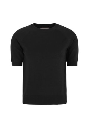 Maglione nero a maniche corte con scollo rotondo, polsini e orlo a coste. Realizzato in materiale morbido, presenta un design semplice e pulito.
