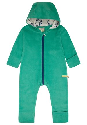 Tuta in pile verde con cappuccio, dotata di zip frontale e rivestimento interno decorato con illustrazioni di procioni. Polsini elasticizzati alle maniche.