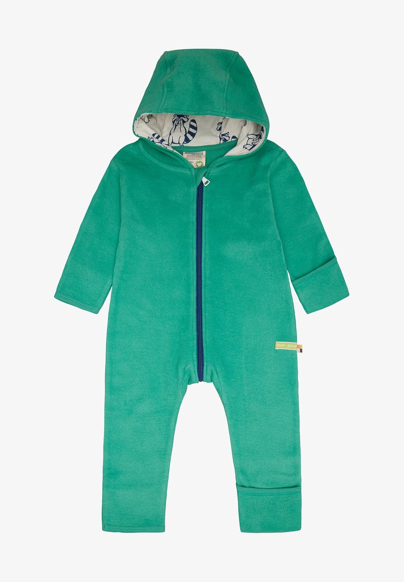 Groene fleece overall met capuchon, voorzien van een rits aan de voorkant en een gevoerde binnenkant met patronen van wasbeerillustraties. Elastische manchetten bij de mouwen.