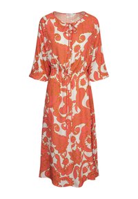 Blumenkleid in Weiß mit roten und orangen Paisleymustern, kurzen Ärmeln, rundem Ausschnitt und Kordelzug in der Taille.