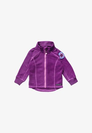 Purple fleece jacket with a high collar, pink zipper, and pink accents. Features a round patch with a blue star on the left shoulder.