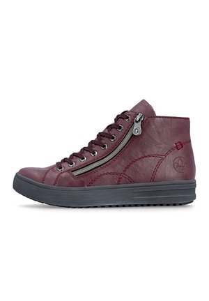Burgundy high-top sneaker with side zipper, black laces, thick dark sole, and textured stitching details on the leather upper.