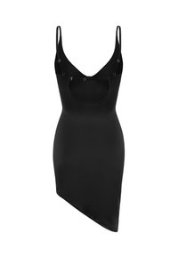 Schwarzes Minikleid mit dünnen Trägern, das an der Vorderseite einen Ausschnitt hat. Hergestellt aus einem glatten, dehnbaren Material mit asymmetrischem Saum.