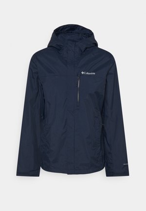 Veste d'extérieur Columbia bleu marine avec capuche, fermeture éclair frontale, poche poitrine zippée et manches longues.