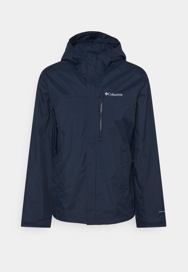 Veste d'extérieur Columbia bleu marine avec capuche, fermeture éclair frontale, poche poitrine zippée et manches longues.