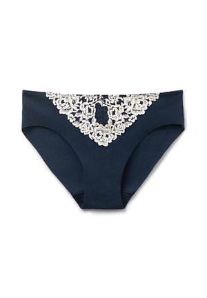 Marineblauwe panties van zachte stof, met een witte bloemenkant afwerking aan de voorkant. Het ontwerp heeft een gematigde dekking.