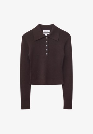 Dark brown long-sleeve knit polo sweater with a pointed collar and five front buttons, featuring a slightly cropped fit.