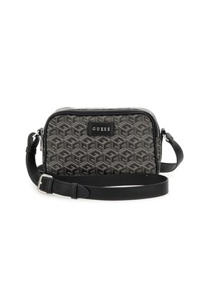 Petit sac bandoulière rectangulaire Guess avec motif géométrique, sangle noire réglable et fermeture éclair.