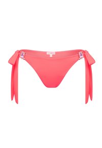 Roze bikini onderkant met strikaccenten aan de zijden, voorzien van decoratieve hardware en een gladde textuur. Het ontwerp omvat zijstrikken en een aansluitende pasvorm.