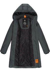 Grå jacka med huva, med dragkedja fram och ribbade ärmslut. Fodret har en svart bakgrund med färgglada prickar. Synlig etikett inuti.