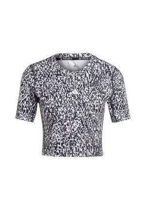 Schwarz-weiß gemustertes, kurzärmeliges athletisches Crop-Top mit rundem Ausschnitt und Adidas-Logo auf der Brust, mit Techfit-Etikett im Innenkragen.