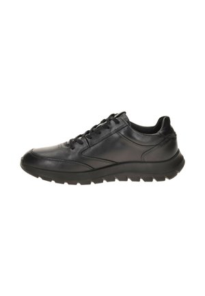 Black leather sneaker with lace-up front, padded collar, and thick rubber sole with deep tread, shown in side profile.