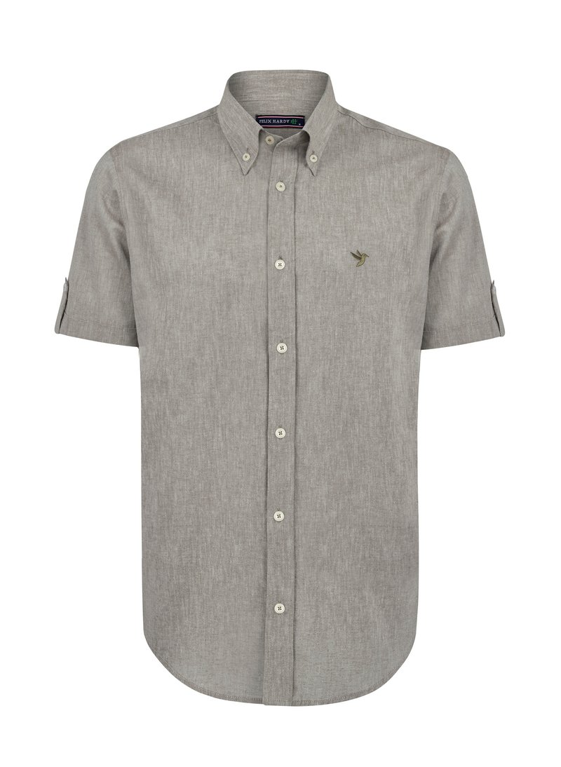 Kurzarmhemd aus strukturiertem grauem Stoff mit einem Button-Down-Kragen und weißen Knöpfen, versehen mit einem kleinen gestickten Design auf der Brust.