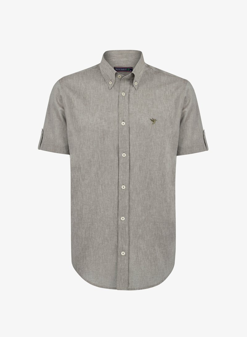 Korte mouwen shirt van gestructureerde grijze stof, met een button-down kraag en witte knopen, voorzien van een klein geborduurd ontwerp op de borst.