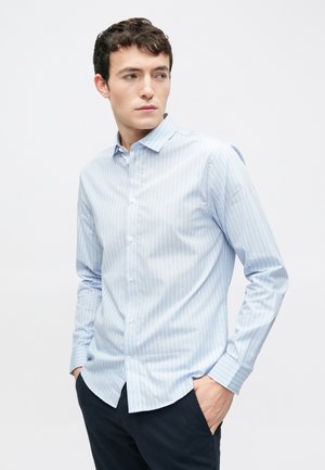 Hellblaues Hemd mit durchgehender Knopfleiste, dezenten vertikalen Streifen, langen Ärmeln, Standardkragen und glatter, feiner Textur.