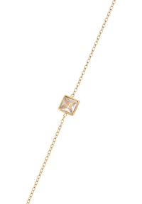 Bracciale in oro delicato con una piccola gemma quadrata trasparente incastonata al centro su uno sfondo bianco.