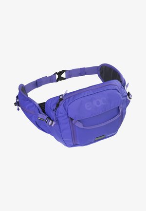 Lila Hüfttasche aus strapazierfähigem Nylon. Verfügt über mehrere Reißverschlüsse und verstellbare Riemen. Enthält eine Vorderseite-Innentasche und ein Netzrückenpaneel für Atmungsaktivität.
