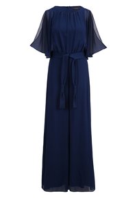 Robe longue bleu marine avec des manches volantées transparentes, un col rond et une ceinture en tissu nouée à la taille avec des extrémités à pompons.