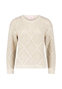 Beige gestrickter Pullover mit Rautenmuster, Rundhalsausschnitt und langen Ärmeln. Strukturierter Stoff mit gerippten Bündchen und Saum.