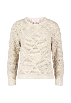 Beige gestrickter Pullover mit Rautenmuster, Rundhalsausschnitt und langen Ärmeln. Strukturierter Stoff mit gerippten Bündchen und Saum.