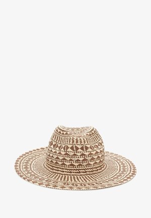 Wide-brimmed straw hat with intricate brown and beige woven patterns. Features a rounded crown and textured finish.