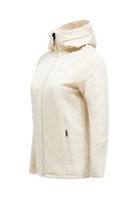 Beige színű, kapucnis zipzáros dzseki, sima, matt felülettel és oldalsó zsebekkel. Kis logó a mellkason. Testhez álló fazon, hosszú ujjakkal.