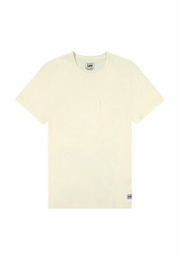 Cream-colored cotton t-shirt with a classic crew neck, short sleeves, and a single chest pocket. Features a small brand label at the hem.