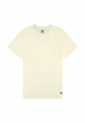 T-shirt color crema in cotone con collo rotondo classico, maniche corte e una tasca sul petto. Presenta un'etichetta del marchio piccola sull'orlo.
