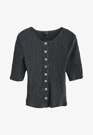 Schwarzer strukturierter Kurzarm-Cardigan mit rundem Ausschnitt und acht weißen Knöpfen vorne, innen im Kragen mit "NEXT" beschriftet.