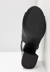 Chaussure à talon noire pour femme montrant une semelle texturée avec talon carré, inclinée contre une surface et un mur blancs.
