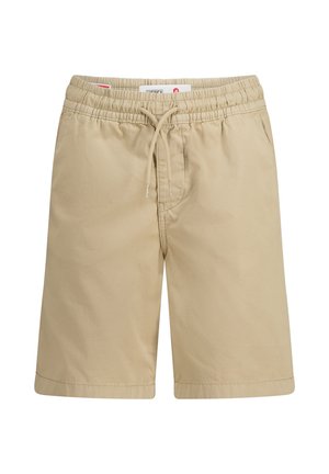 Shorts in cotone beige con vita elastica, cordoncino regolabile e due tasche laterali. Tessuto morbido e design a taglio dritto.