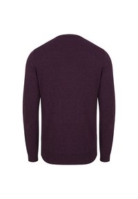 Fioletowy sweter dziany z długimi rękawami, okrągłym dekoltem oraz prążkowanymi mankietami i dołem. Tył jest gładki z minimalnymi detalami.