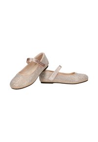 Paire de chaussures Mary Jane pour filles, rose clair, avec des strass scintillants et des brides en velcro, sur fond blanc.