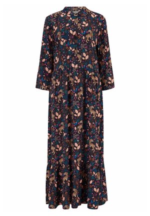 Langärmeliges, dunkelblaues Kleid mit Kragen, Knopfleiste und mehrfarbigem Blumen- und Tigerprint, mit einem gestuften Rock.